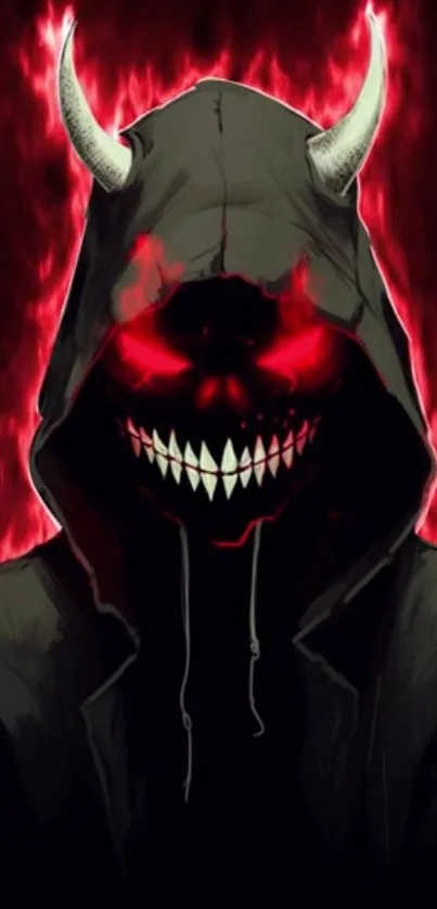 Hooded demon with red eyes and horns, intense dark art.