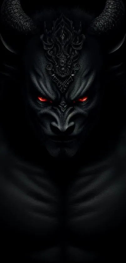 Dark-themed wallpaper featuring a horned demon with glowing red eyes.