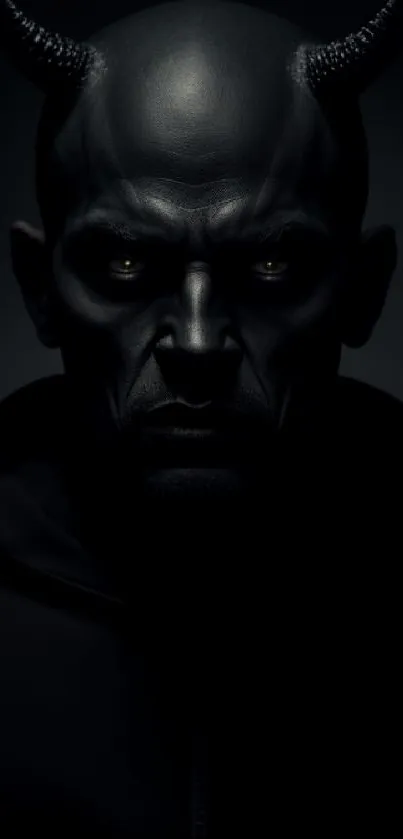 Mysterious dark demon with glowing eyes in black background.