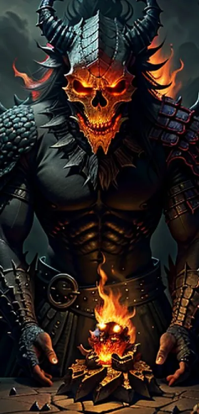 Dark demon warrior with fiery skull in fantasy art wallpaper.