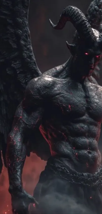 Dark demon with wings and glowing eyes in a mystical setting.