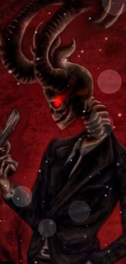 Demon figure with red eyes, holding a gun against a dark red background.