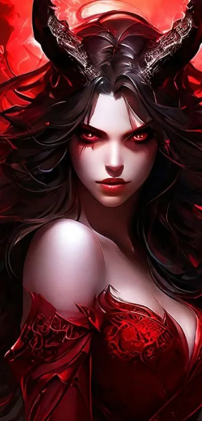 Dark-themed fantasy art of a demoness with red eyes.