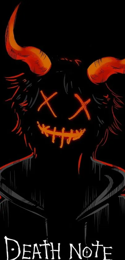 Dark demon art with red horns and eerie smile.