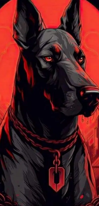 Dark illustrated dog with red background wallpaper.