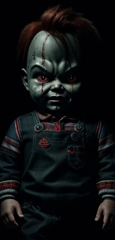 Eerie doll with red eyes on a dark background wallpaper.