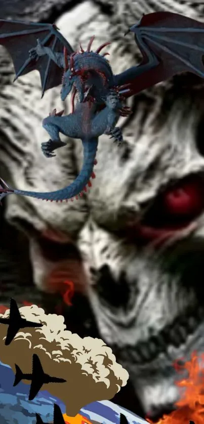 Fierce dragon flying before a fiery skull in a fantasy art scene.