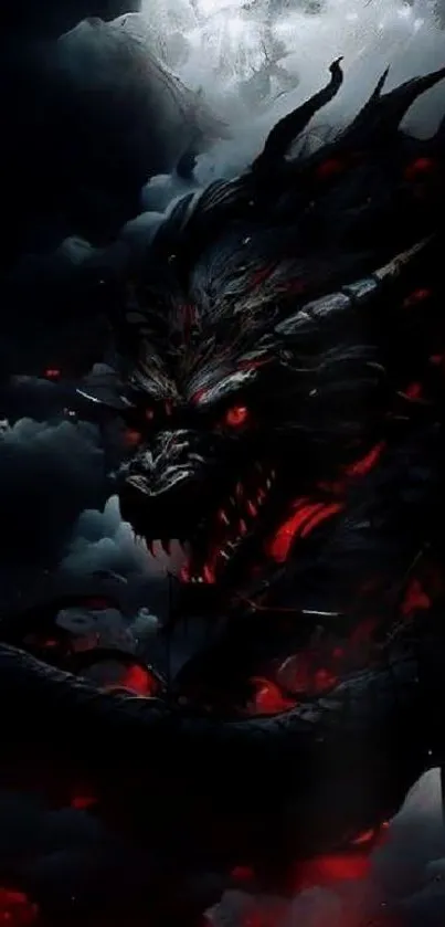 A dark dragon shrouded in smoke and shadows with red accents amid a night sky.