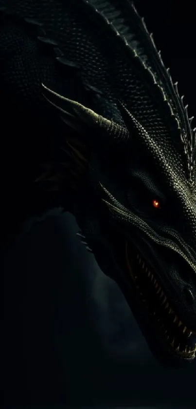 A dark and detailed dragon with red eyes in shadowy lighting.