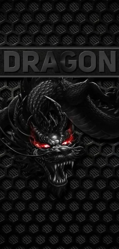 Fierce dragon with bright red eyes on a dark hexagonal background.