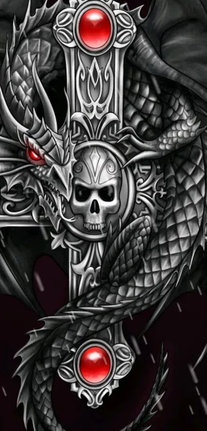 Dark dragon and skull design with red accents in gothic style.