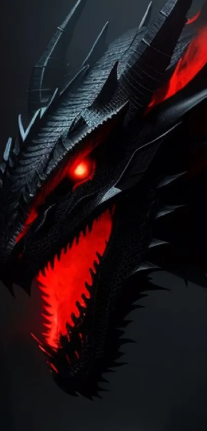 Black dragon with glowing red eyes in dark fantasy setting.