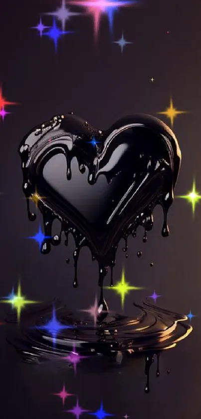 Glossy dark heart with dripping effect on a purple background.