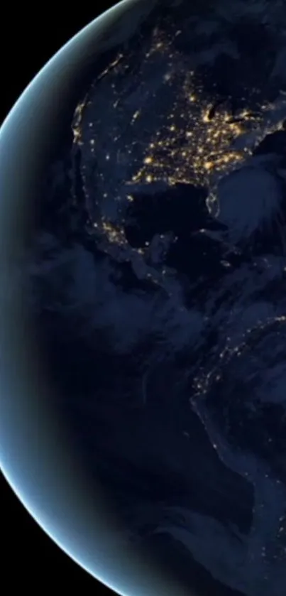 Dark Earth with city lights seen from space at night.