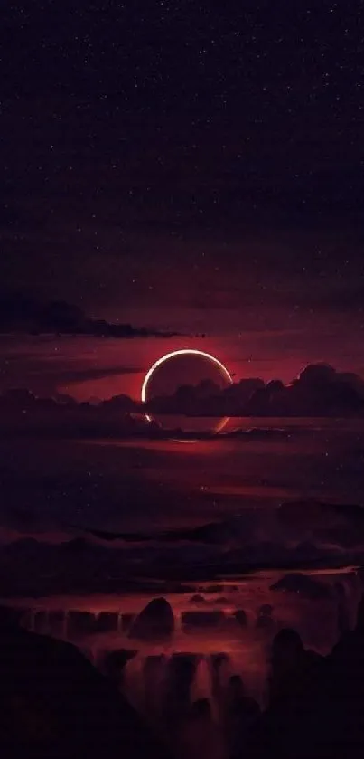 Dark red night sky with eclipse over mountains wallpaper.