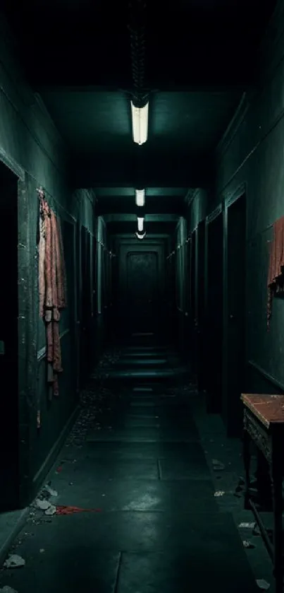 Dark eerie corridor wallpaper with dim lighting.