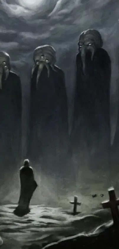 Dark eldritch figures in mysterious forest wallpaper.