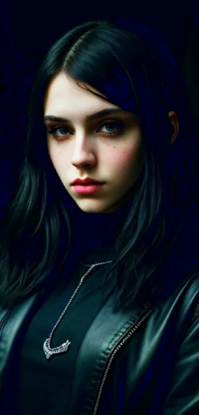 Moody portrait of a woman in a leather jacket with dark background.