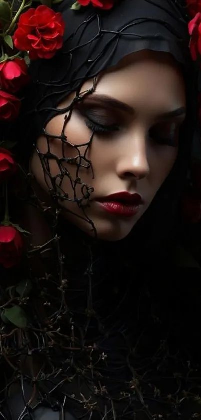 Gothic woman with red roses in dark artistic wallpaper.