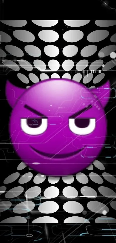 Purple devil emoji on dark abstract wallpaper with circles.