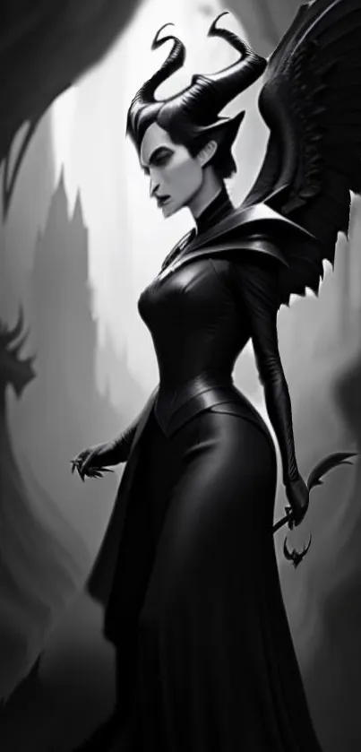 Black and white wallpaper of a horned sorceress with wings.