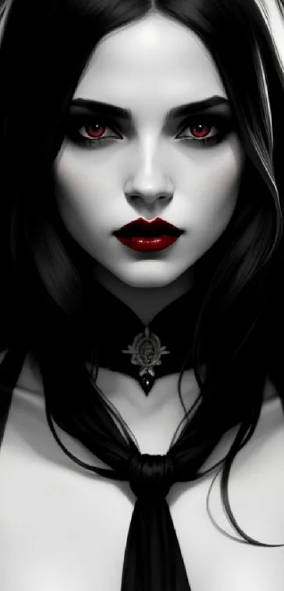 Dark enchantress wallpaper with red eyes and black hair for mobile screen.