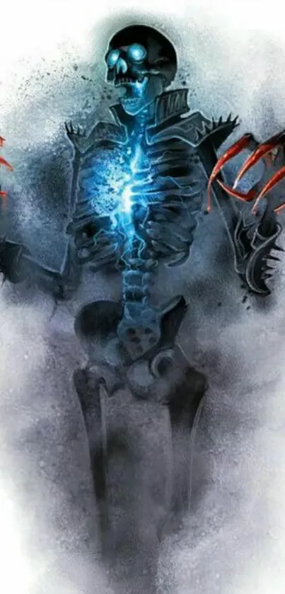 Dark skeleton with glowing blue core artwork.