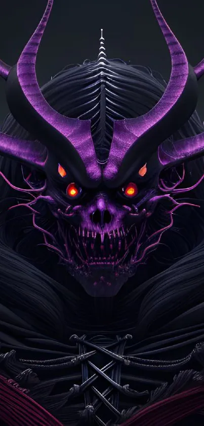 Dark skull with purple horns and red eyes on black background.