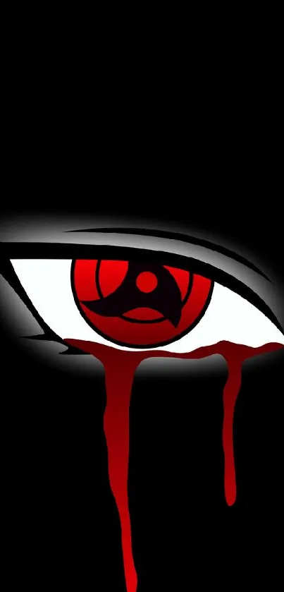 Dark-themed wallpaper with a bold red eye design.