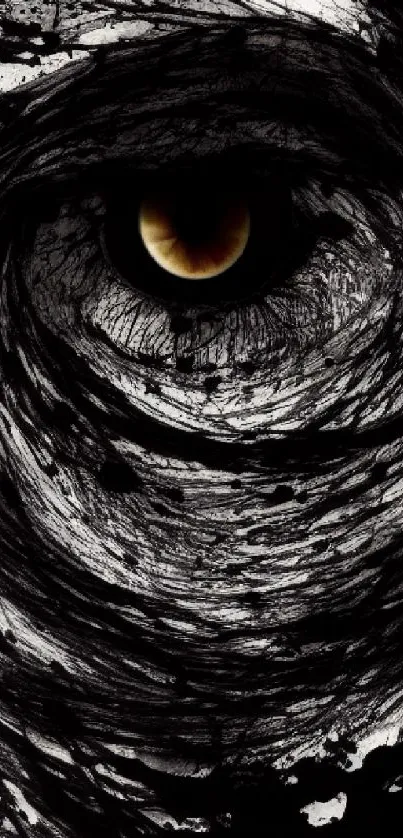 Dark swirling pattern with central eye in mobile wallpaper.