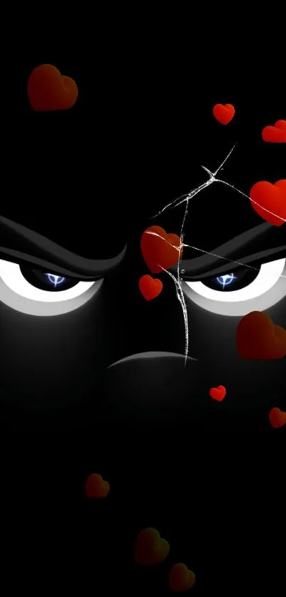 Dark wallpaper with intense eyes and scattered red hearts.