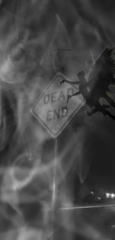 Dark mobile wallpaper with fairy silhouette and Dead End sign.