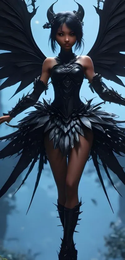 Dark fairy with wings and black attire in a mystical setting.