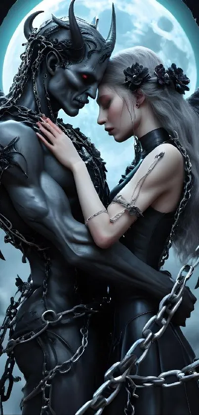 Dark fantasy angelic embrace with chains and moonlight.