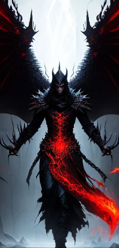 Dark fantasy angel with fiery red wings and a mysterious aura on a mobile wallpaper.