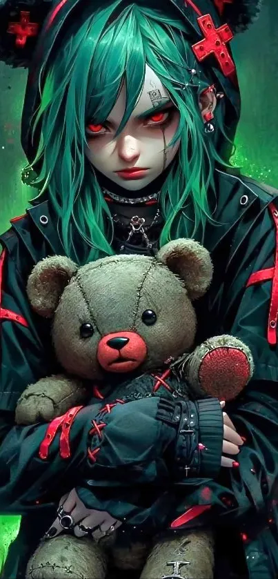 Dark fantasy anime character with plush bear and gothic design in green and red.