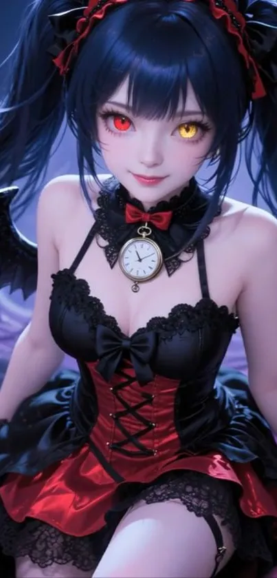 Anime character in gothic attire with wings and clock.