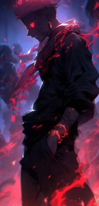 Dark figure with red flames in anime wallpaper.