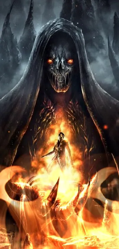 Dark fantasy art wallpaper featuring a fiery cloaked figure.