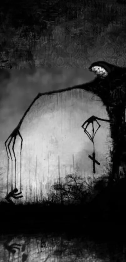 Gothic dark fantasy scene with mysterious silhouettes.