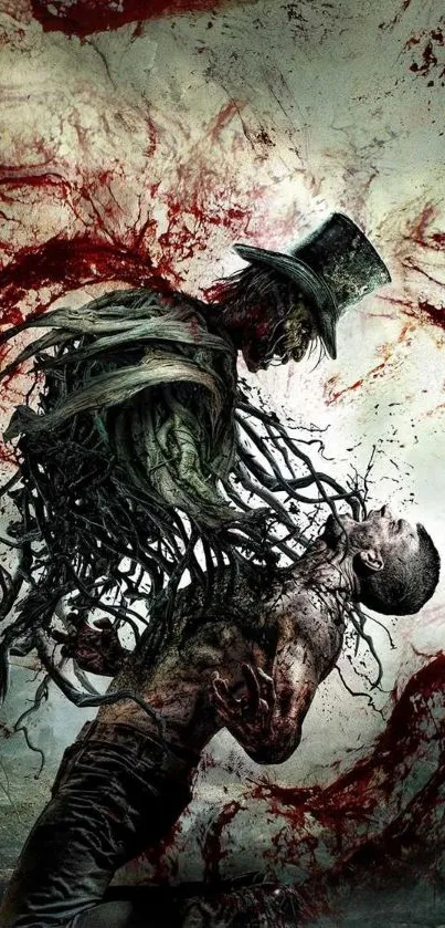 Dark fantasy characters in battle with surreal, gothic visuals.