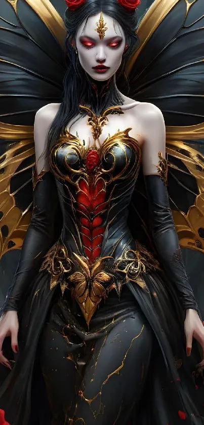 Intricate butterfly queen in dark fantasy costume, with red accents and wings.