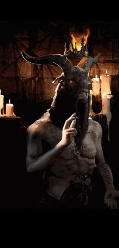 Demon in candlelit darkness with goat horns on wallpaper.