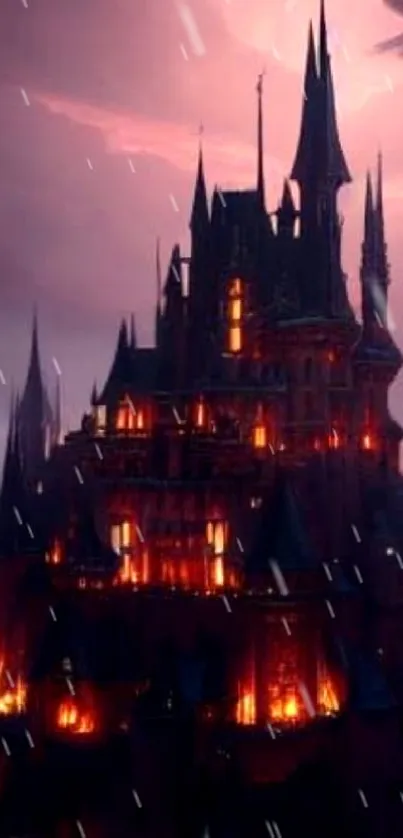 Dark fantasy castle with glowing lights and dramatic skies in violet hues.