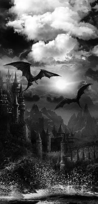 Dark fantasy wallpaper with dragons, a castle, and stormy sky in grayscale.