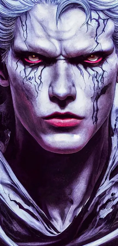 Dark fantasy character with intense eyes on mobile wallpaper.