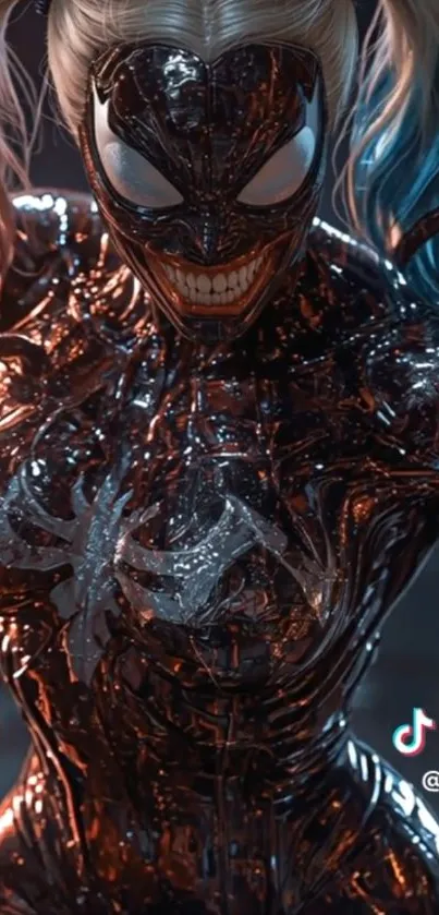 Dark fantasy character with metallic armor and vibrant hues.