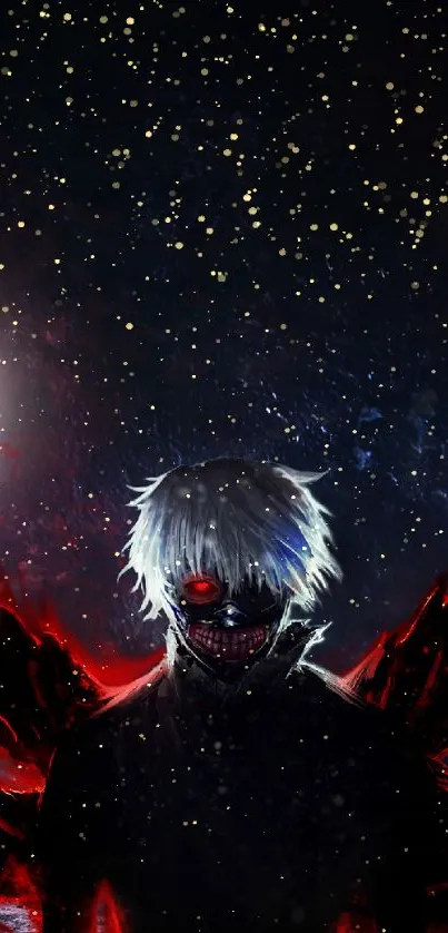 Dark fantasy character with red and black hues, stars and cosmic elements.