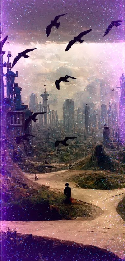 Mystical cityscape with flying birds and dark fantasy ambiance.