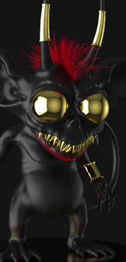 Dark fantasy creature with gold eyes and red mane on a black background.